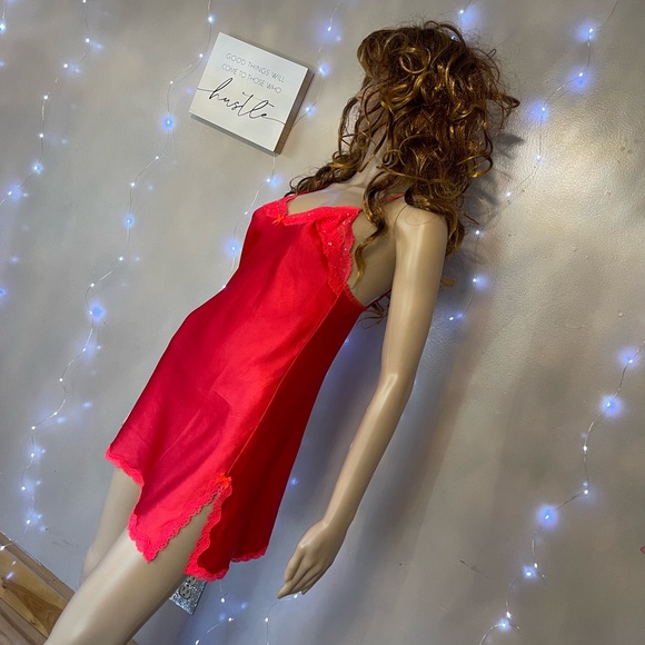 Victoria's Secret Other - Red Victoria’s Secret Rhinestone Lace Trim Satin Slip/Chemise Babydoll